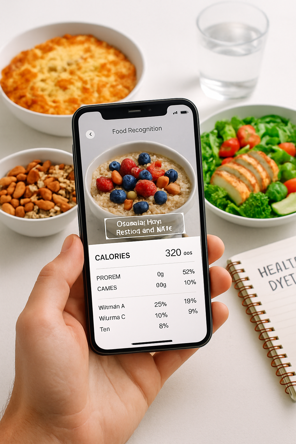 Smartphone screen showing the SnapEat AI app interface analyzing a photo of a healthy meal to track calories and macros.