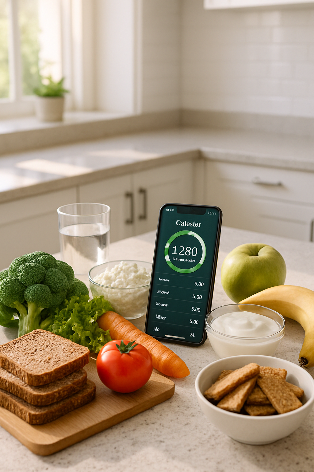 A woman looking happy and healthy using the SnapEat AI nutrition app on her phone for her pre-wedding wellness plan.