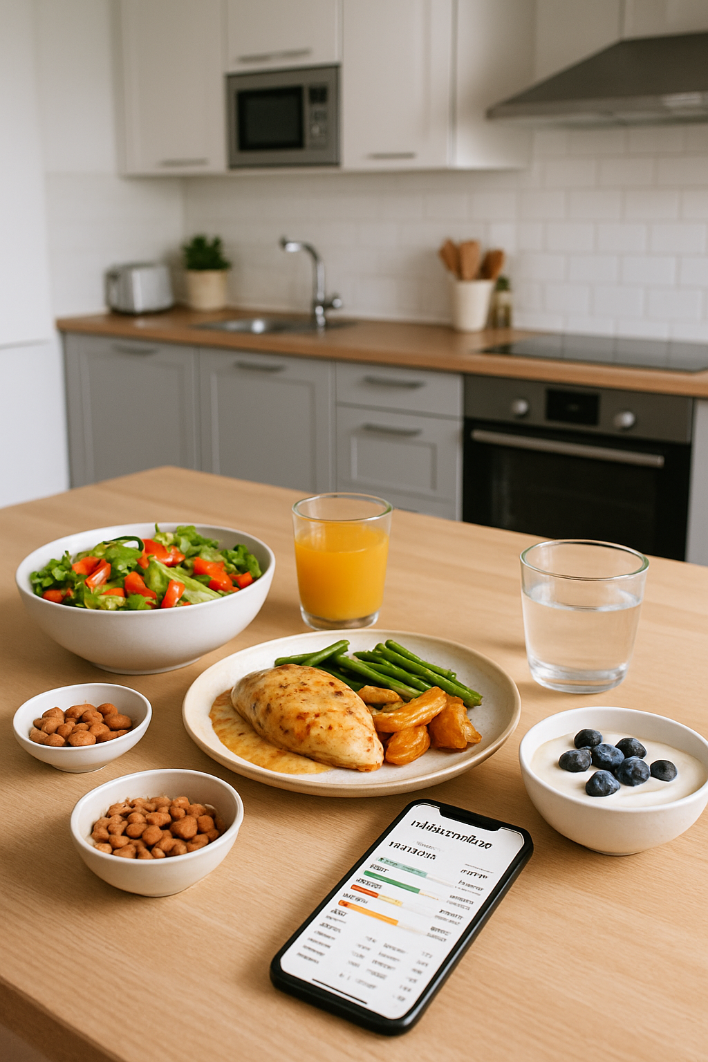 A smartphone displaying the SnapEat AI food tracker app, analyzing a healthy bowl of salad and fruit.
