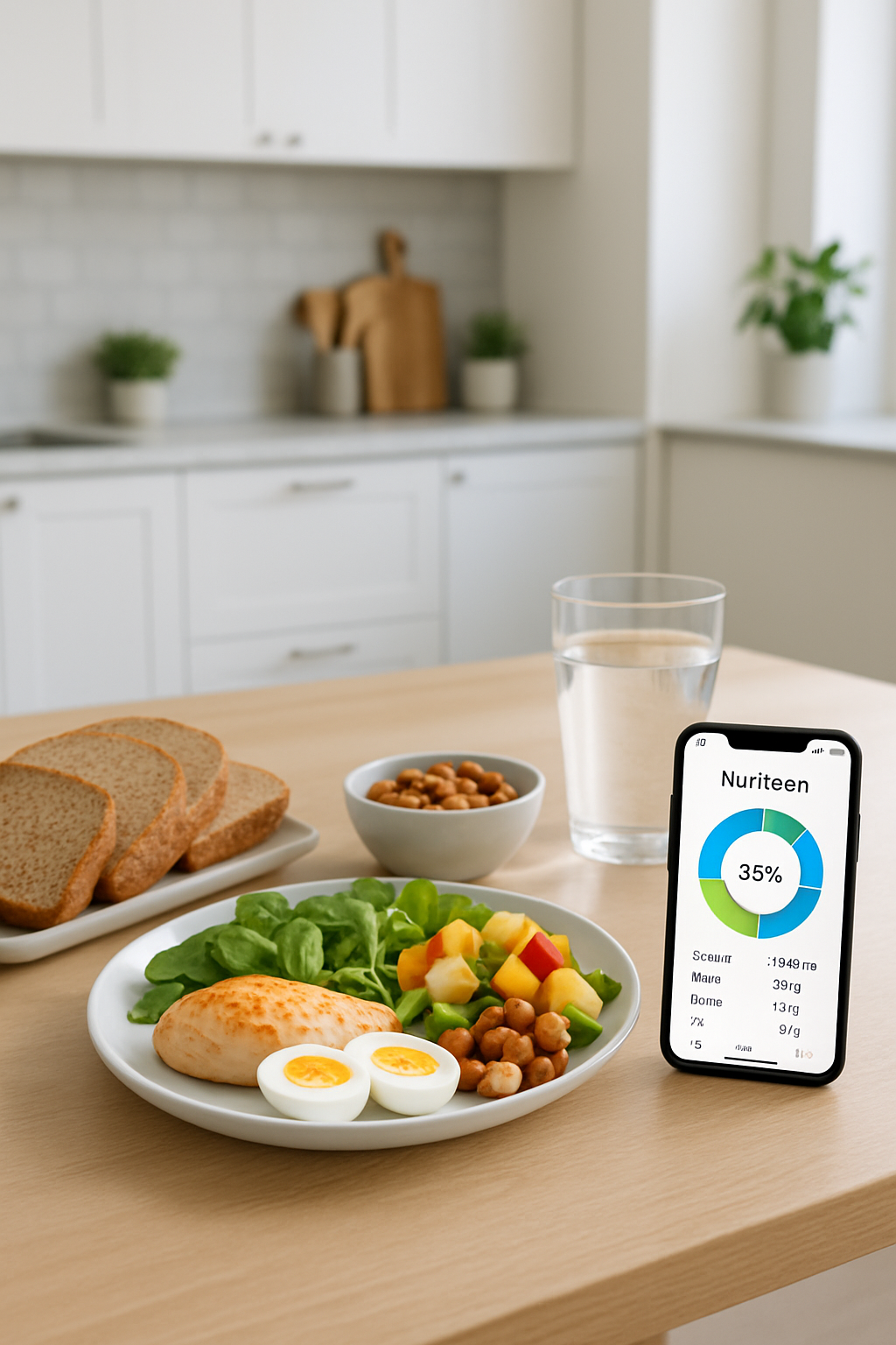 Athlete using the SnapEat AI food tracking app on a smartphone to analyze a meal of chicken and vegetables, demonstrating how to track nutrition with a photo.