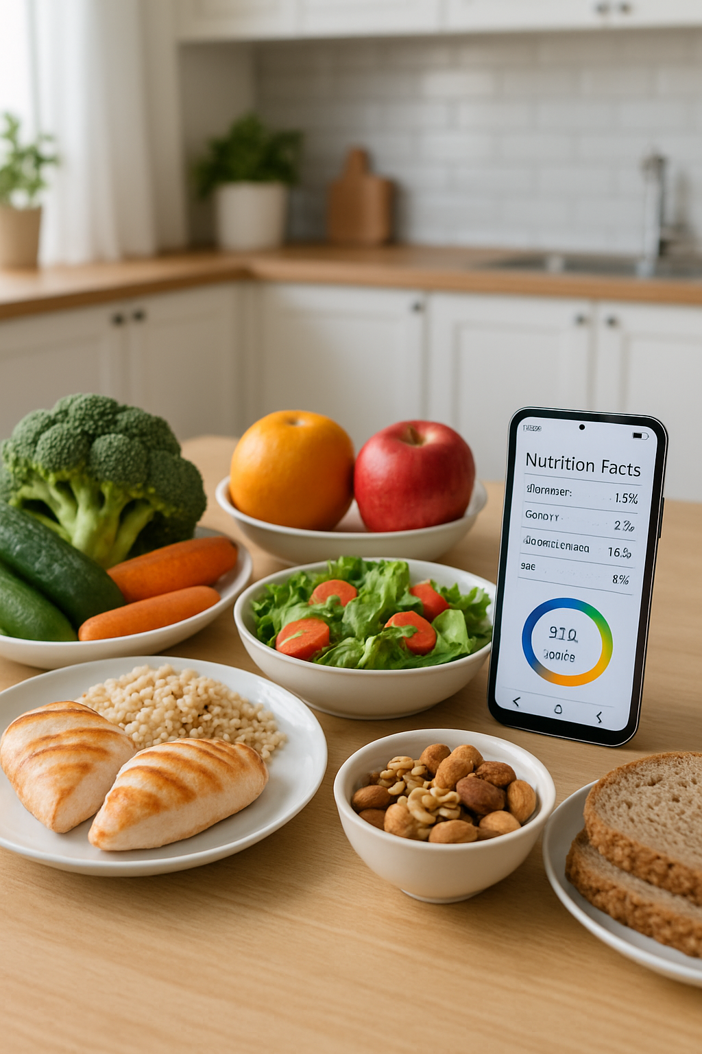 A smartphone showing the SnapEat AI nutrition tracker app, analyzing a meal for calories and macros through the camera.