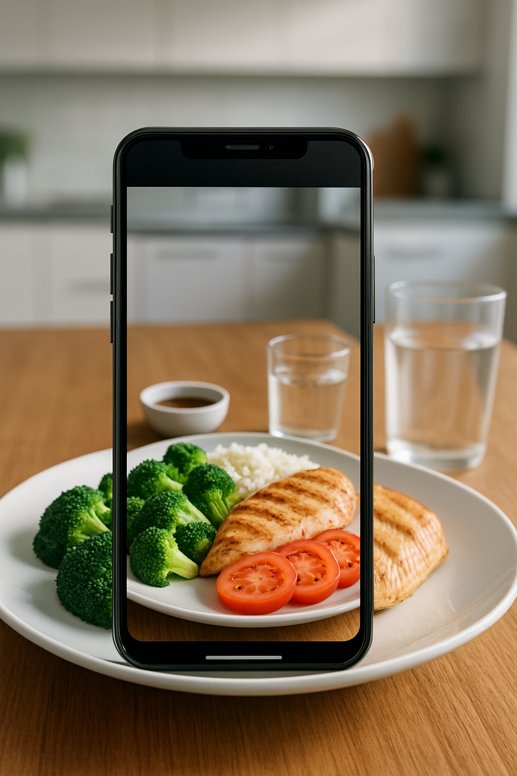 A smartphone displaying the SnapEat AI app analyzing a photo of a healthy meal with chicken and vegetables, demonstrating AI calorie tracking.