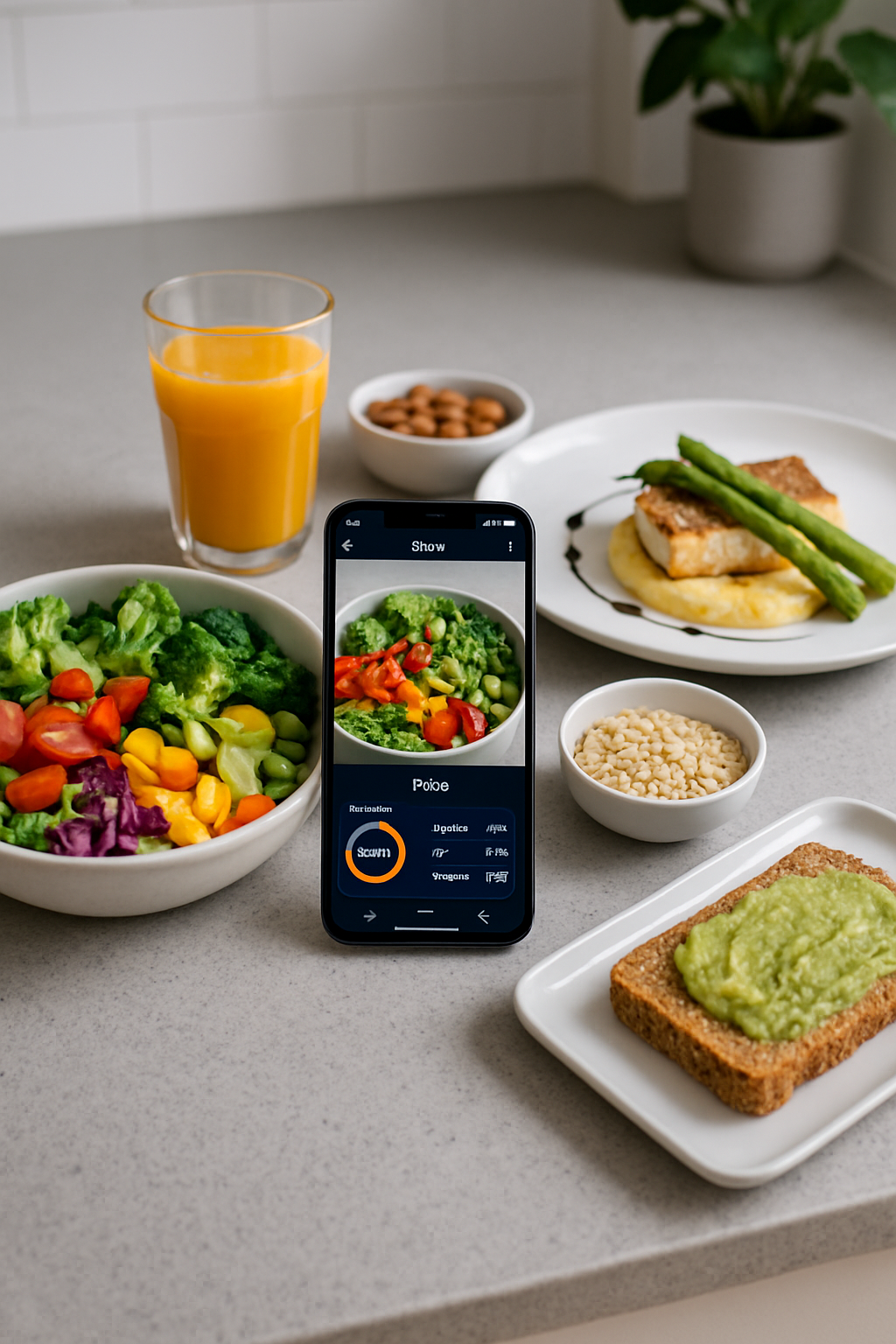 A phone screen showing the SnapEat AI calorie counter app analyzing a photo of a healthy meal for a diet transformation.