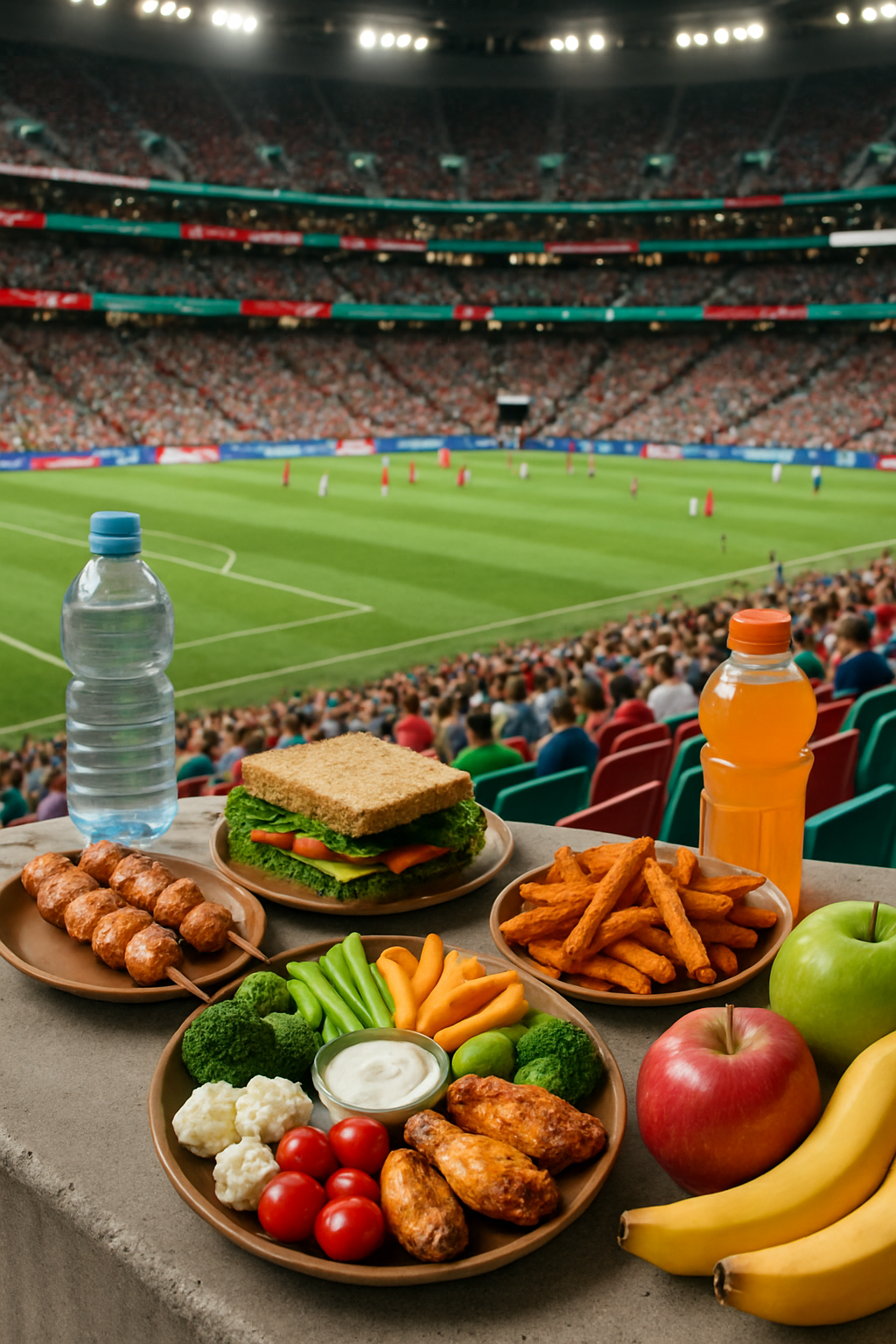 A healthy game day food spread with grilled chicken, salad, and veggie sticks, demonstrating smart nutrition choices.
