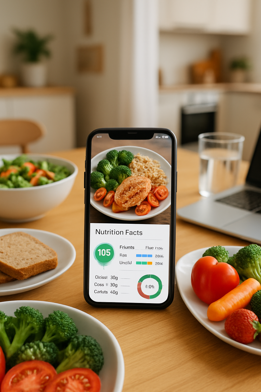 A smartphone screen displaying the SnapEat AI smart food tracker app, analyzing a photo of a healthy meal.