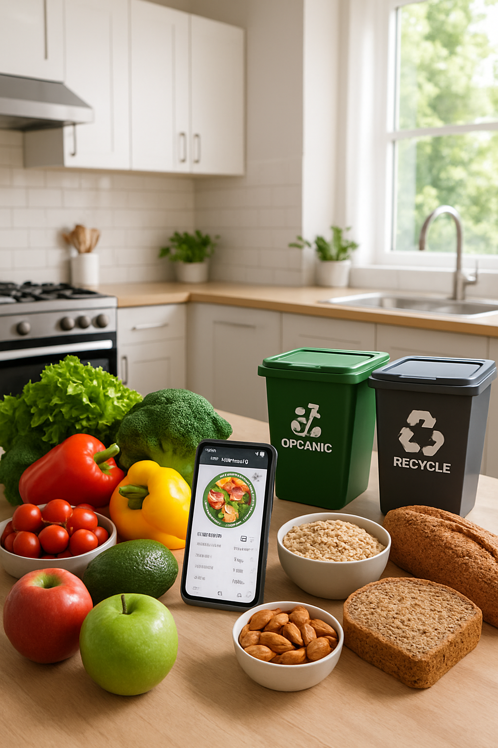 A smartphone displaying the SnapEat AI app interface, analyzing a healthy meal to promote a sustainable nutrition journey.