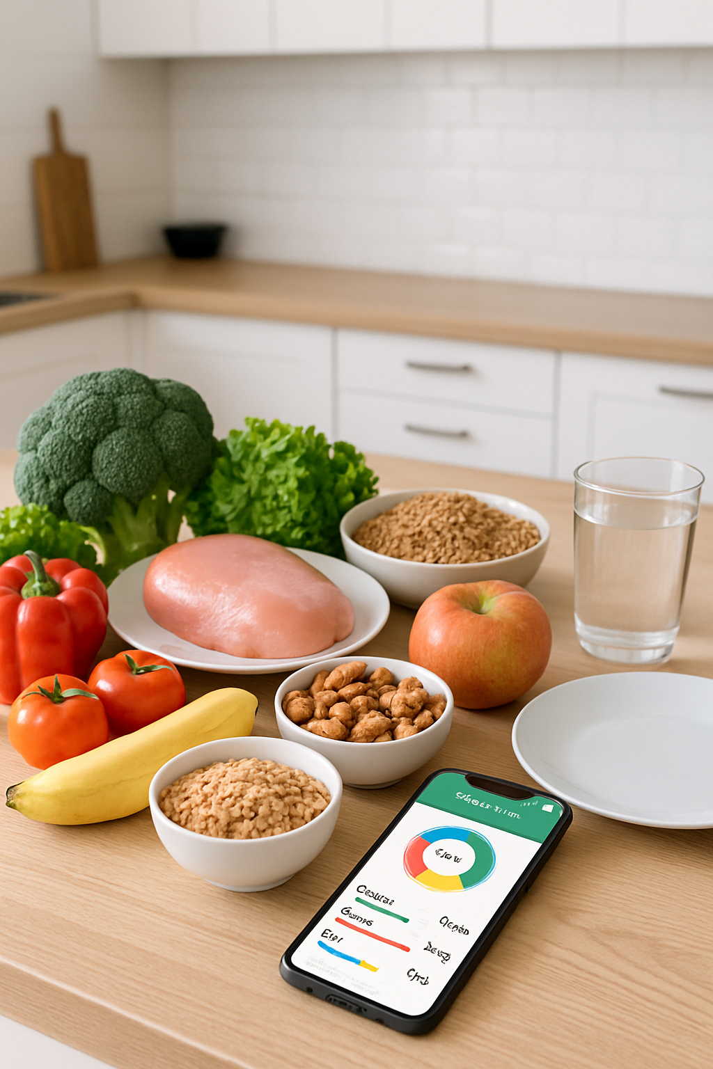 A smartphone displaying the SnapEat AI food tracker app, analyzing a healthy meal in a bowl to track nutrition goals.