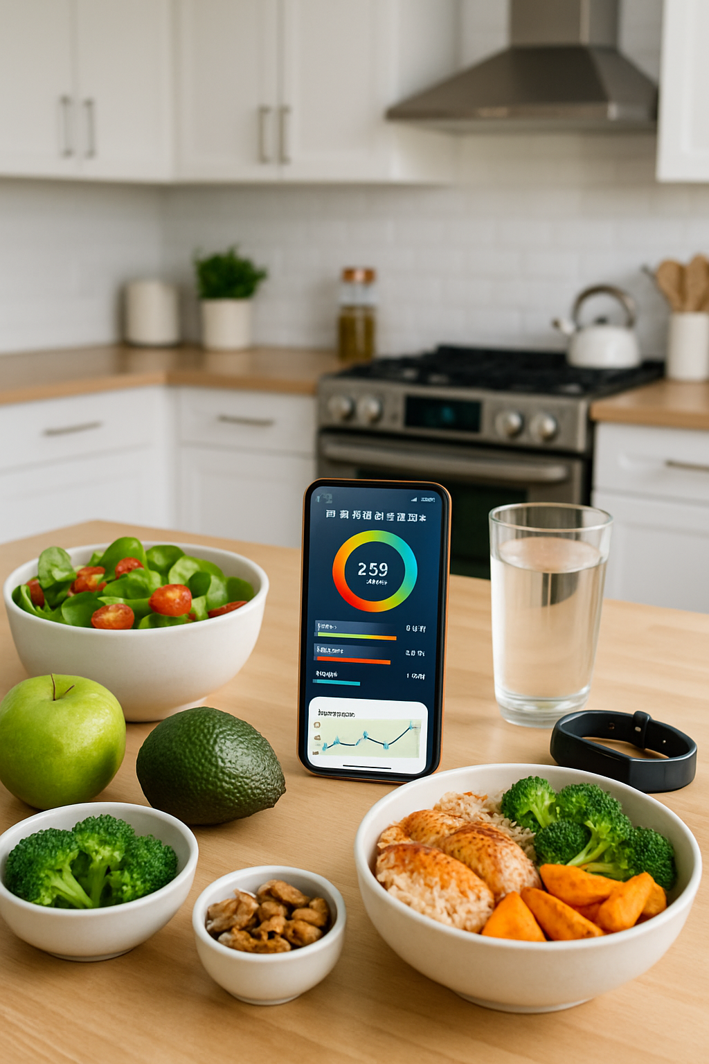 A woman happily using the SnapEat AI meal tracking app on her phone to take a photo of her healthy salad.