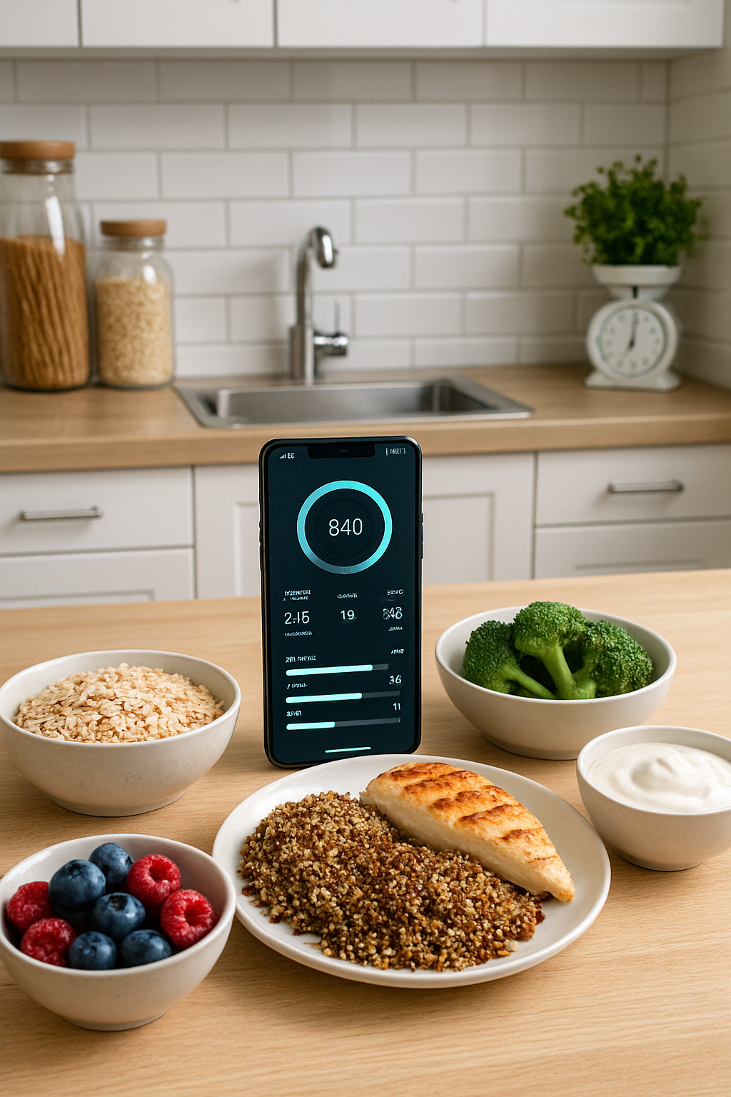 A phone screen displaying the NutriWin AI meal tracking app interface, analyzing a plate of salmon and vegetables.