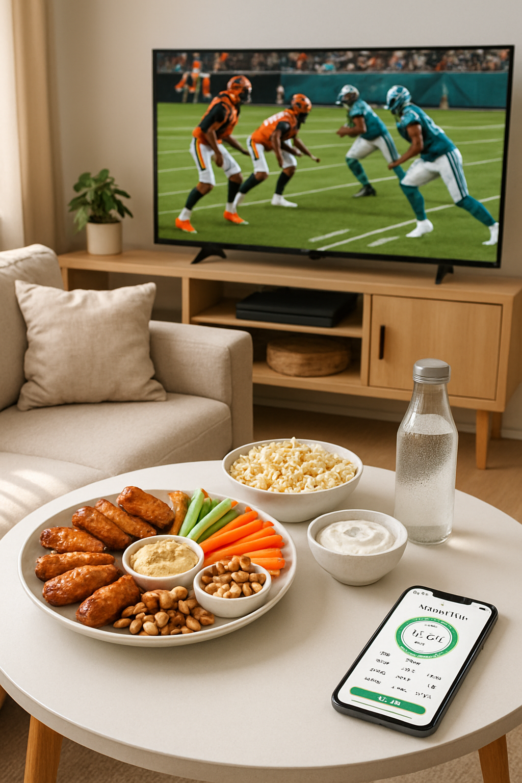 A person using the SnapEat AI calorie tracker app on their phone to take a picture of a plate of healthy game day snacks.