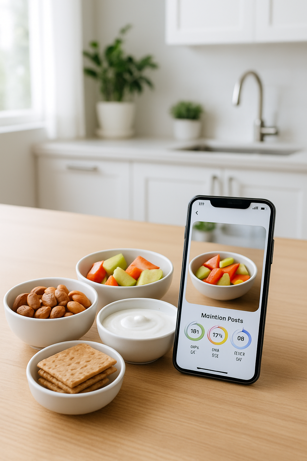Woman using SnapEat AI app for snack tracking and healthy eating at home