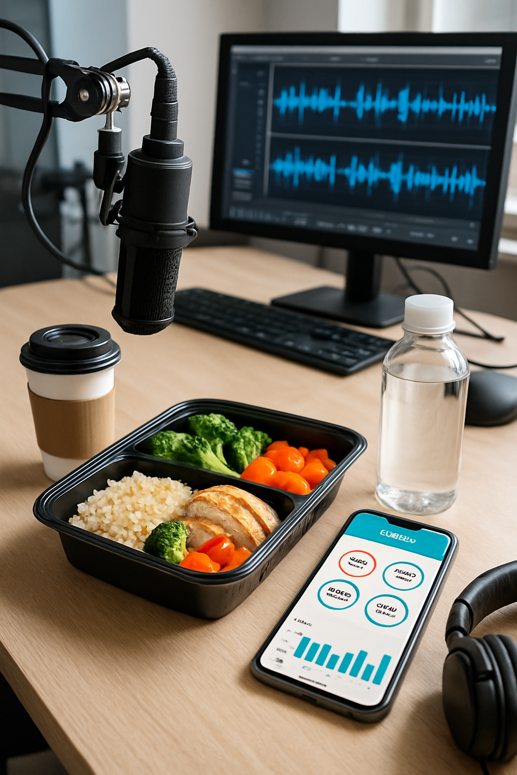 Radio host at a microphone, looking energized, with an overlay of the SnapEat AI app interface tracking a healthy meal.
