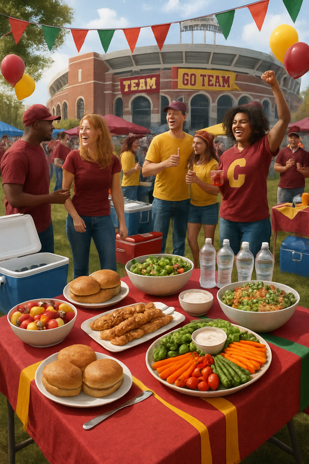 A healthy plate of tailgate food including grilled chicken and salad, with a smartphone displaying the SnapEat AI app's nutrition tracking.