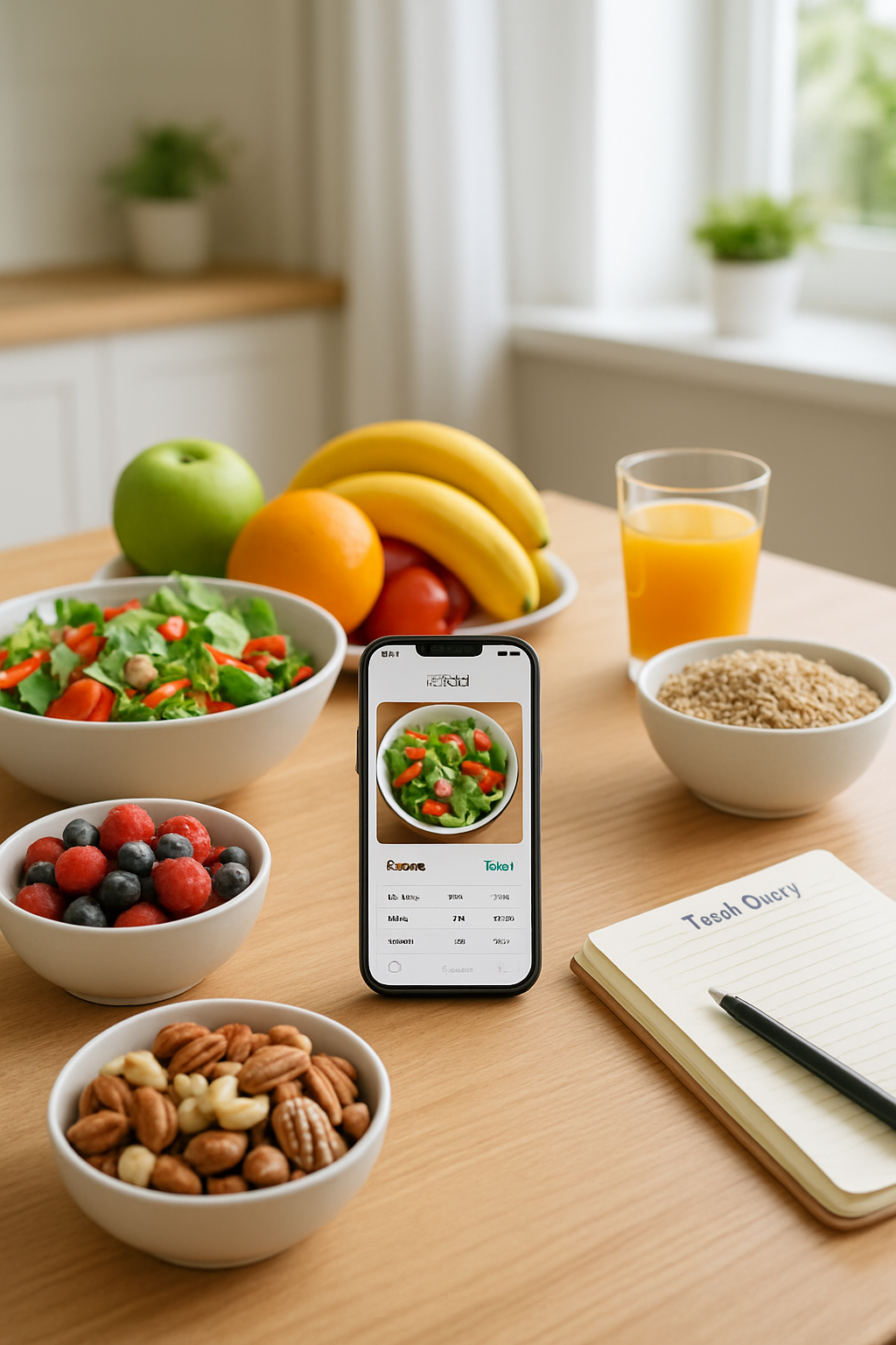 A person holding a phone with the SnapEat AI app, using smart food recognition on a healthy meal of salmon and vegetables.
