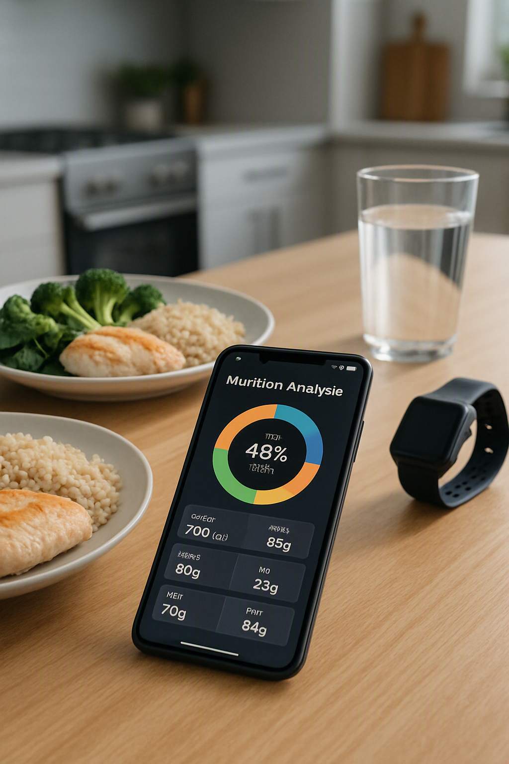 A smartphone displaying the SnapEat AI nutrition tracking app analyzing a photo of a healthy meal.