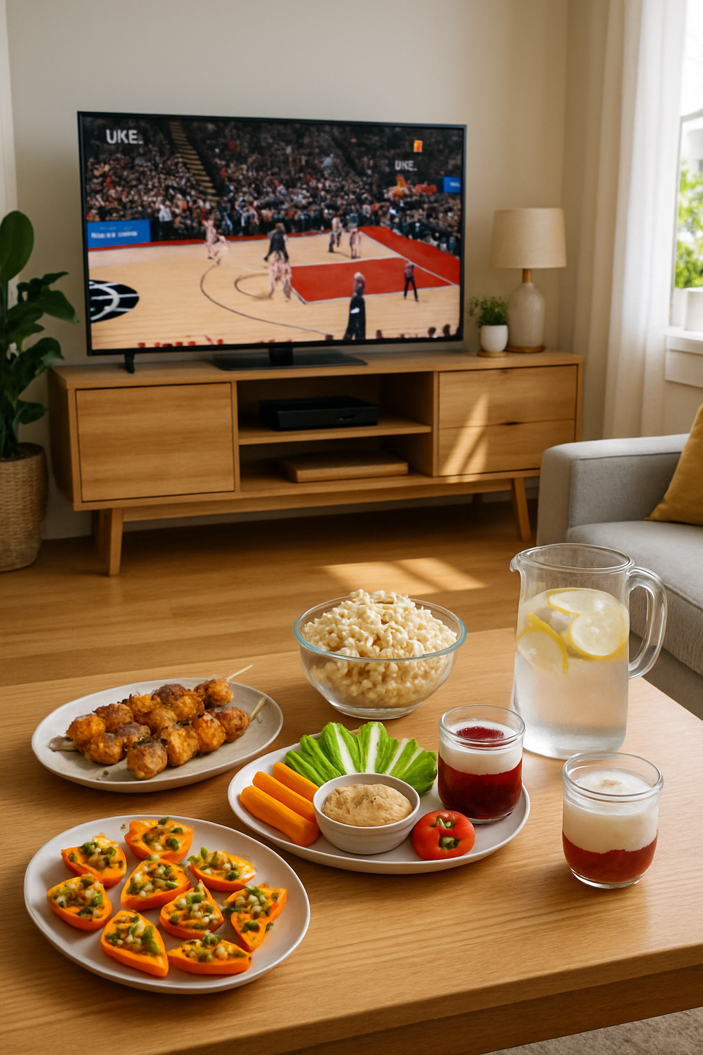 A healthy game day nutrition spread with veggie sticks, hummus, and chicken skewers in front of a TV showing a basketball game.