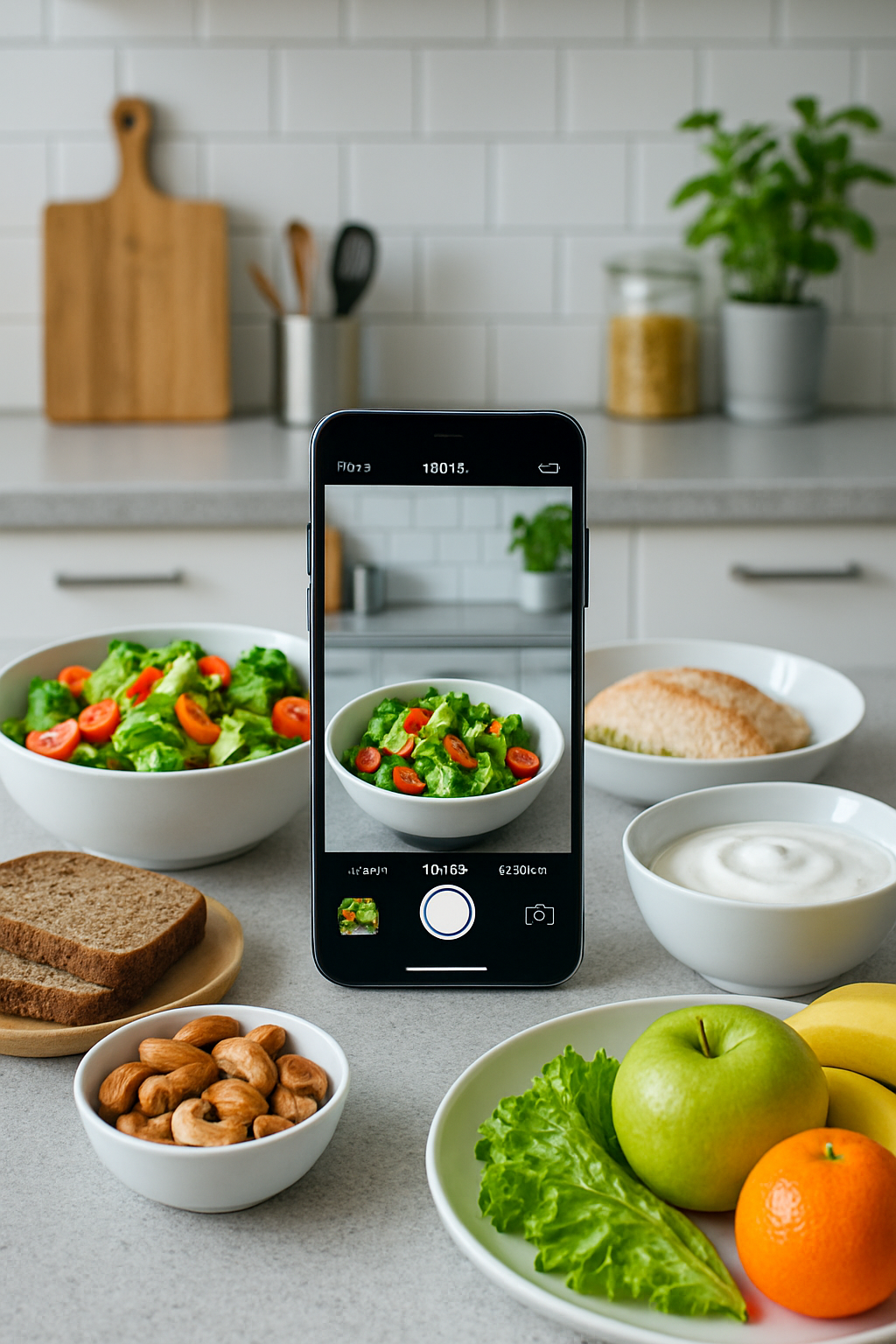 A smartphone using the SnapEat AI app to analyze a healthy meal, symbolizing the 'No Kings Protest' against diet culture.