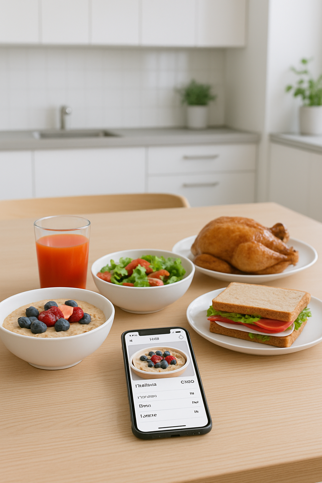 Smartphone using the SnapEat AI app to scan a healthy meal of salmon, asparagus, and lemon for instant calorie and macro tracking.