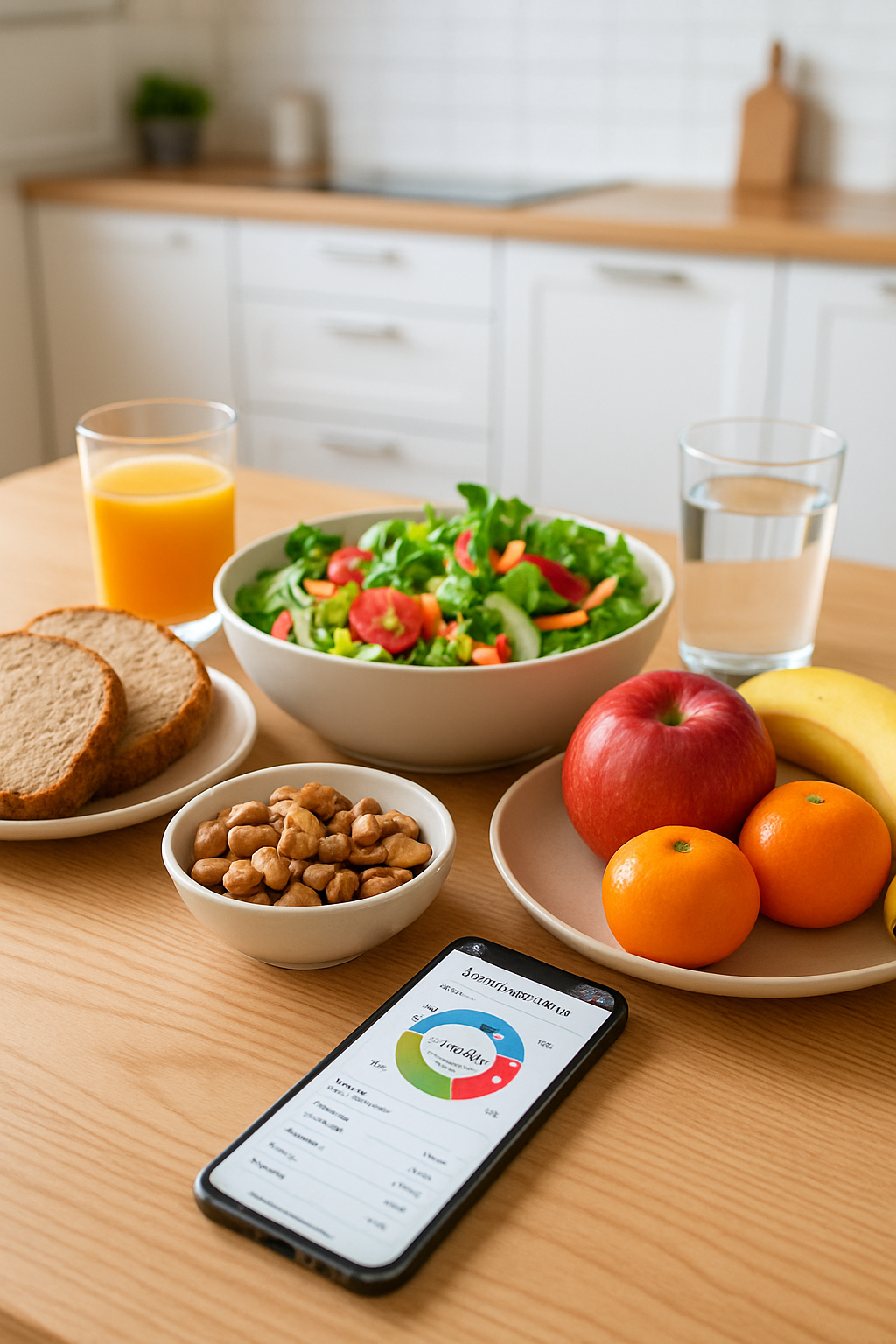 A smartphone displaying the SnapEat AI food tracker app after analyzing a photo of a healthy salad, showing nutritional data.