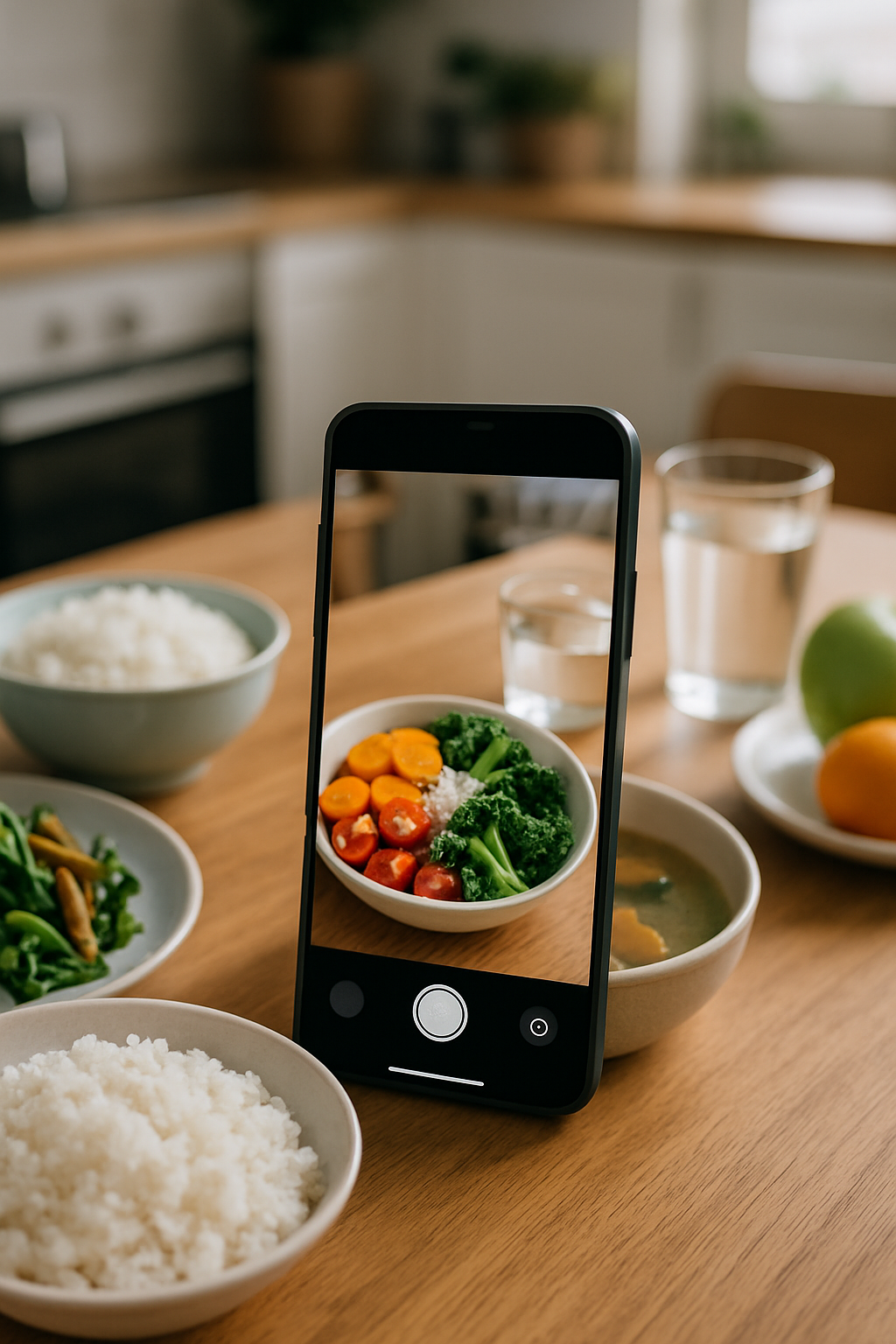A busy mother smiling while using the SnapEat AI smart nutrition coach app on her phone to track a healthy meal by taking a photo.