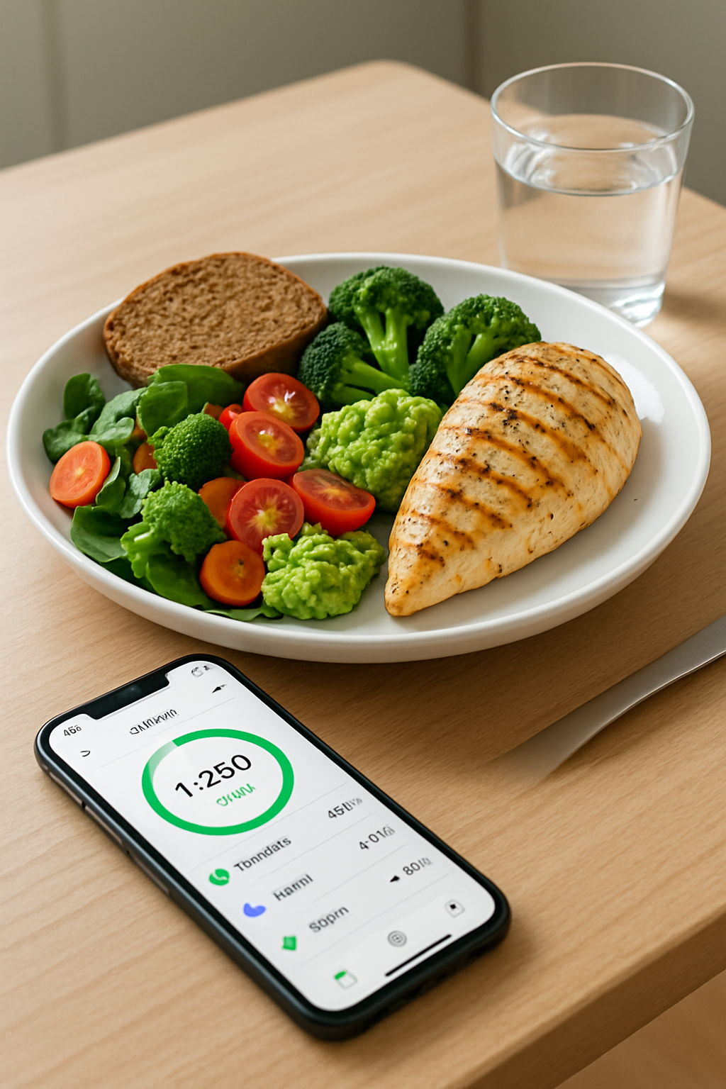 Smartphone showing the SnapEat AI smart nutrition coach app analyzing a photo of a healthy meal with salmon and vegetables.