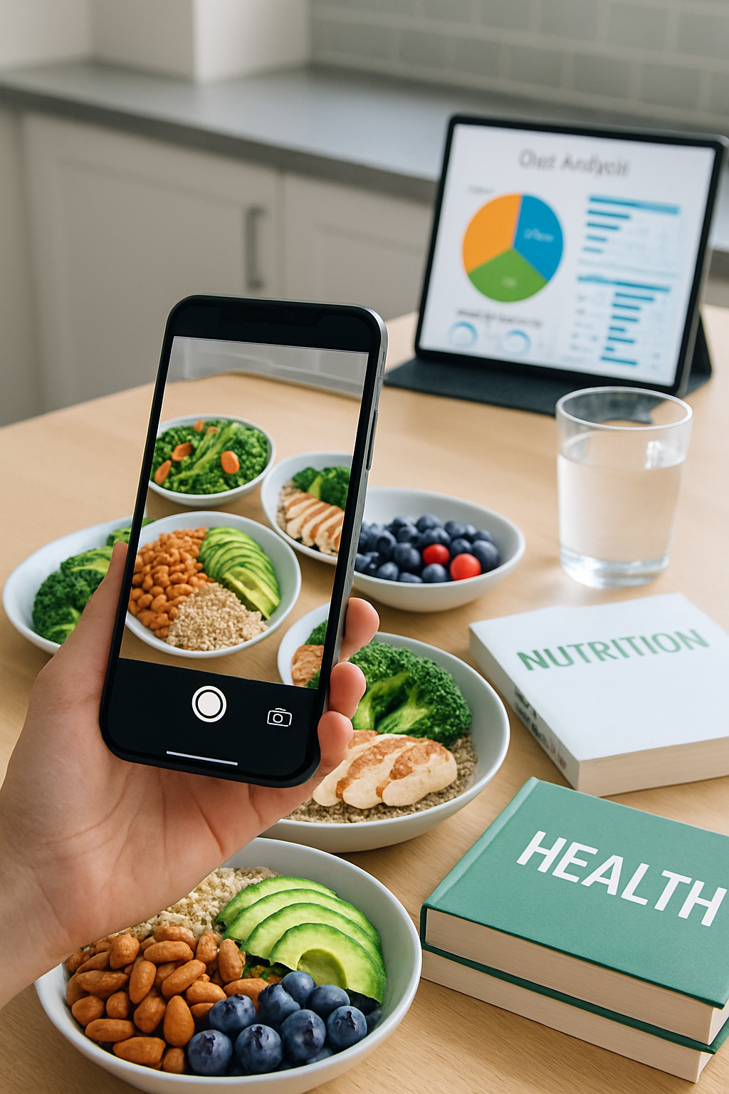 A smartphone running the SnapEat AI nutrition coach app, analyzing a healthy meal with fish and vegetables.