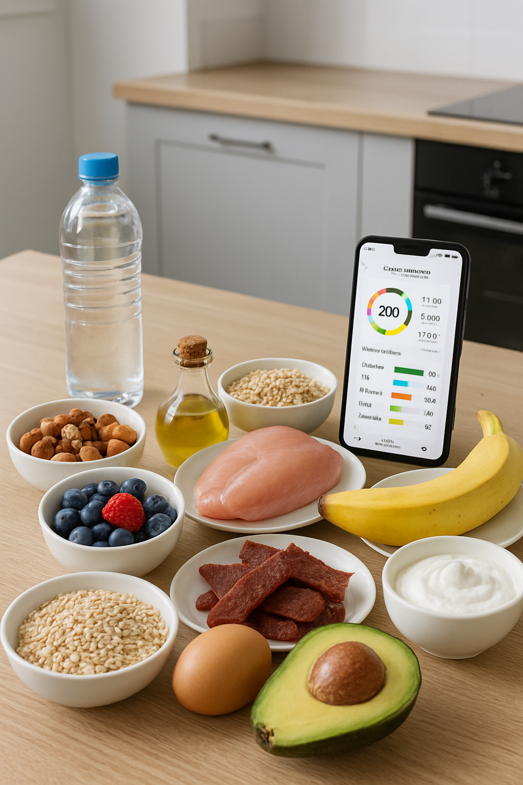 A focused gamer at their desk with icons of healthy food floating around them, illustrating the concept of smart nutrition for gamers.