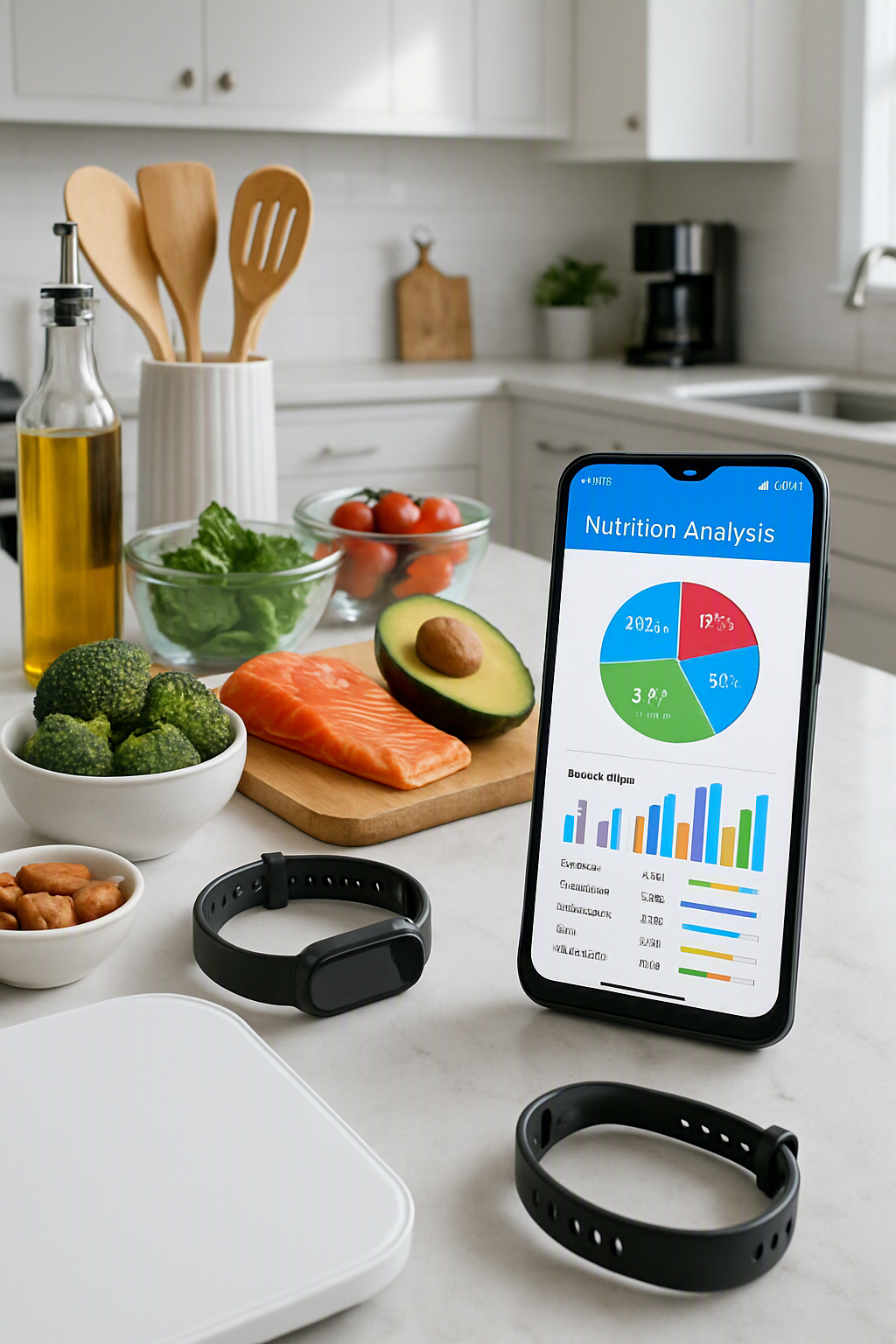 A smartphone with the SnapAI Nutrition app displaying real-time nutrition analysis from a meal photo.