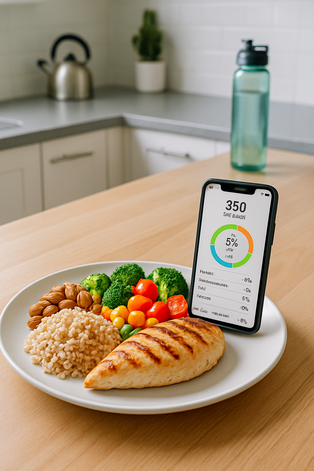 Smartphone showing the SnapEat AI app interface which has analyzed a photo of a meal, displaying calorie and macro data.