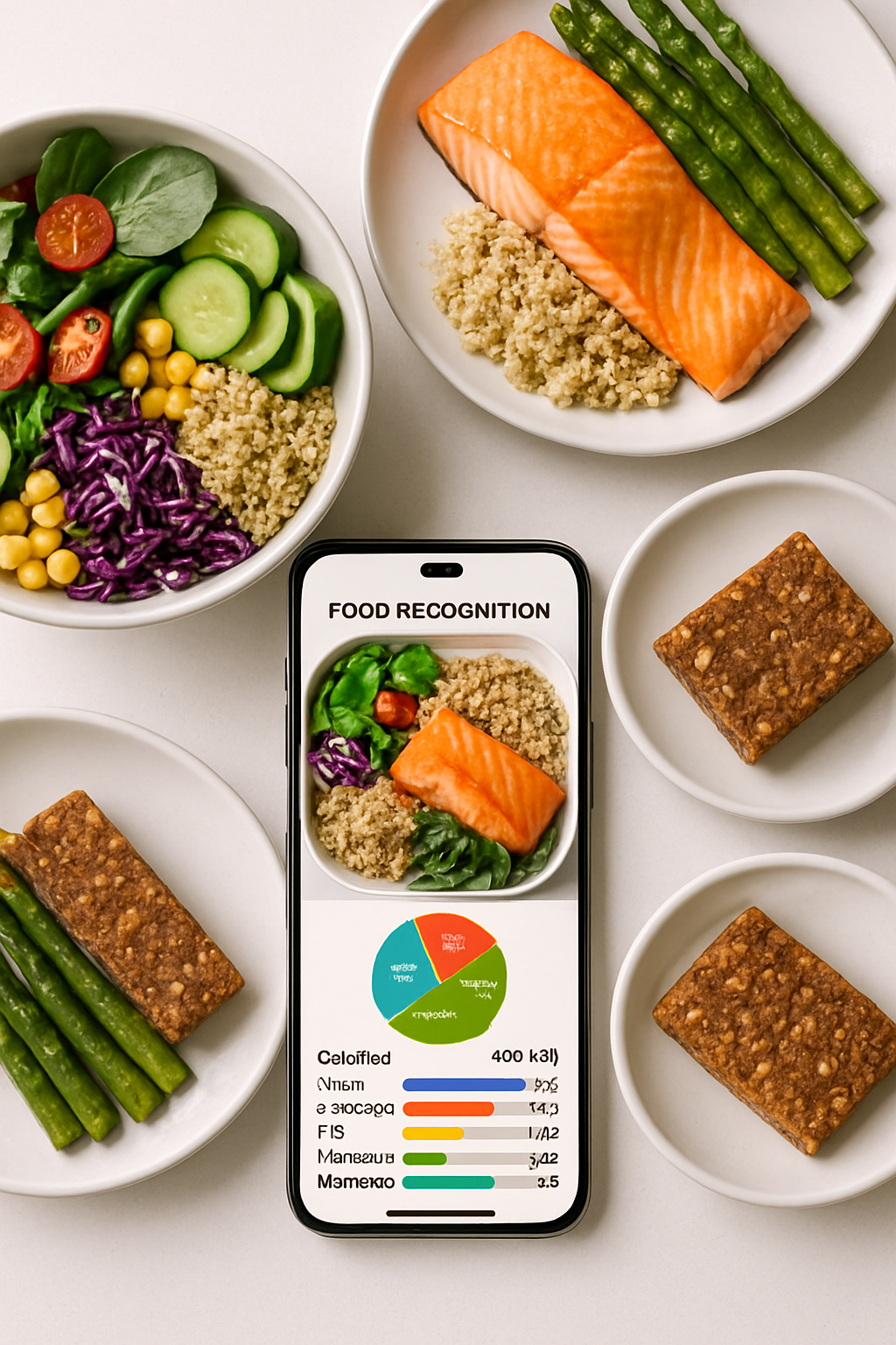 A smartphone with SnapEat AI app showing food photo analysis of salmon and vegetables.