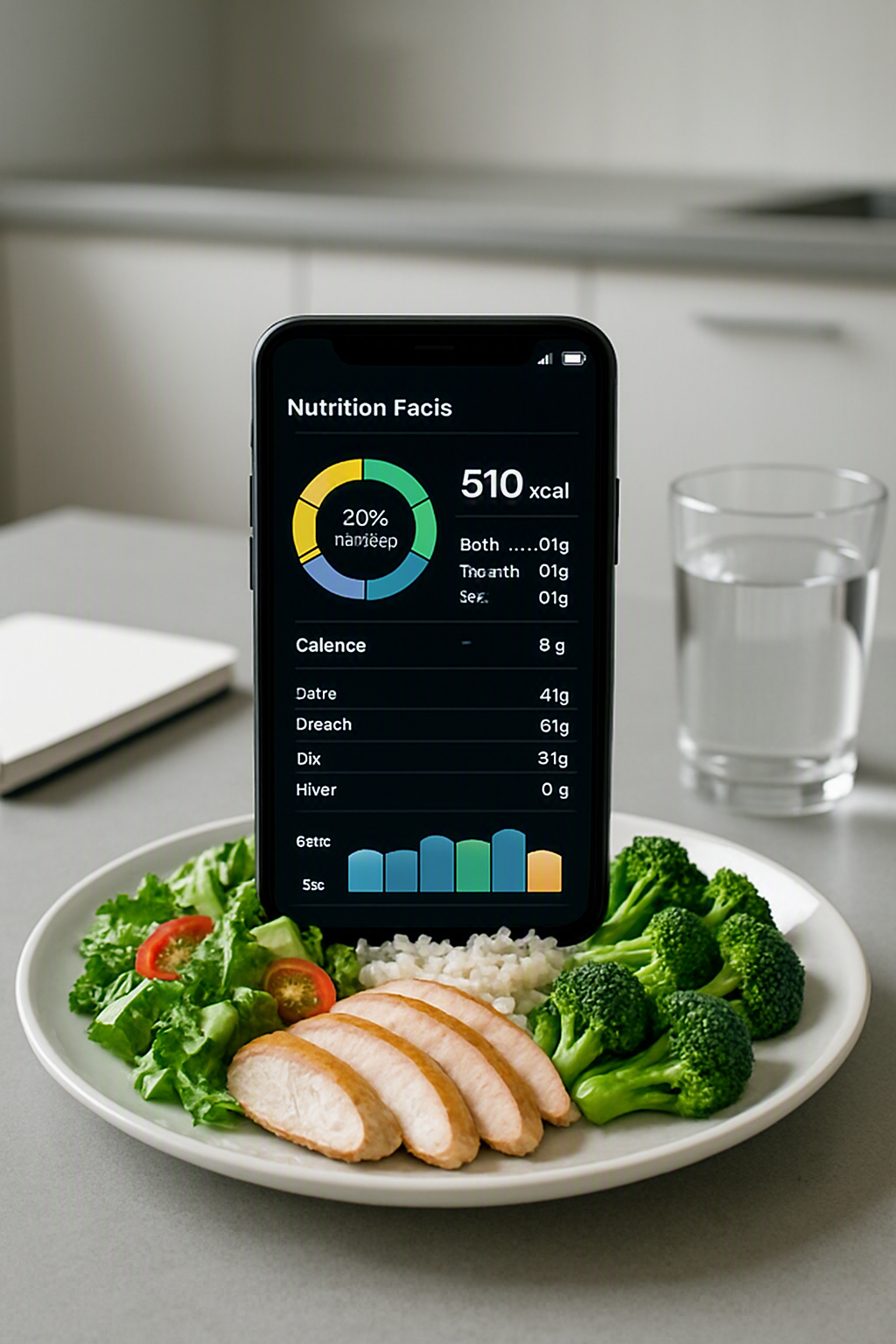A smartphone displaying the SnapEat AI app interface, analyzing a photo of a healthy meal with nutritional data overlays