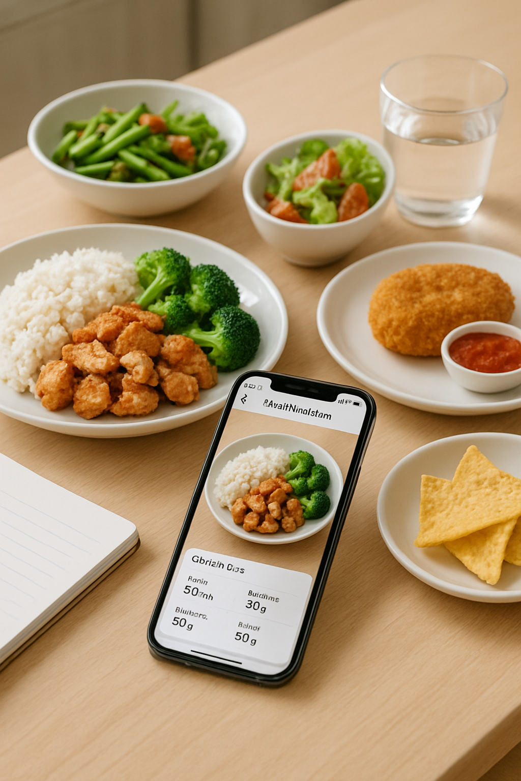 A smartphone displaying the SnapTrack AI app interface over a photo of a healthy meal, demonstrating the smart food tracker feature.