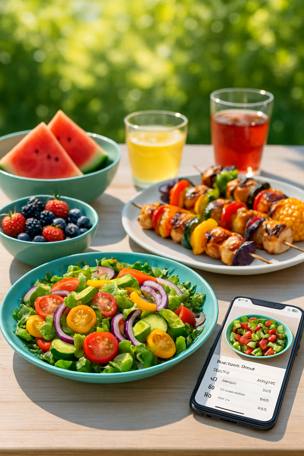 A smartphone displaying the SnapEat AI app interface over a colorful summer salad, illustrating the smart food tracker feature.