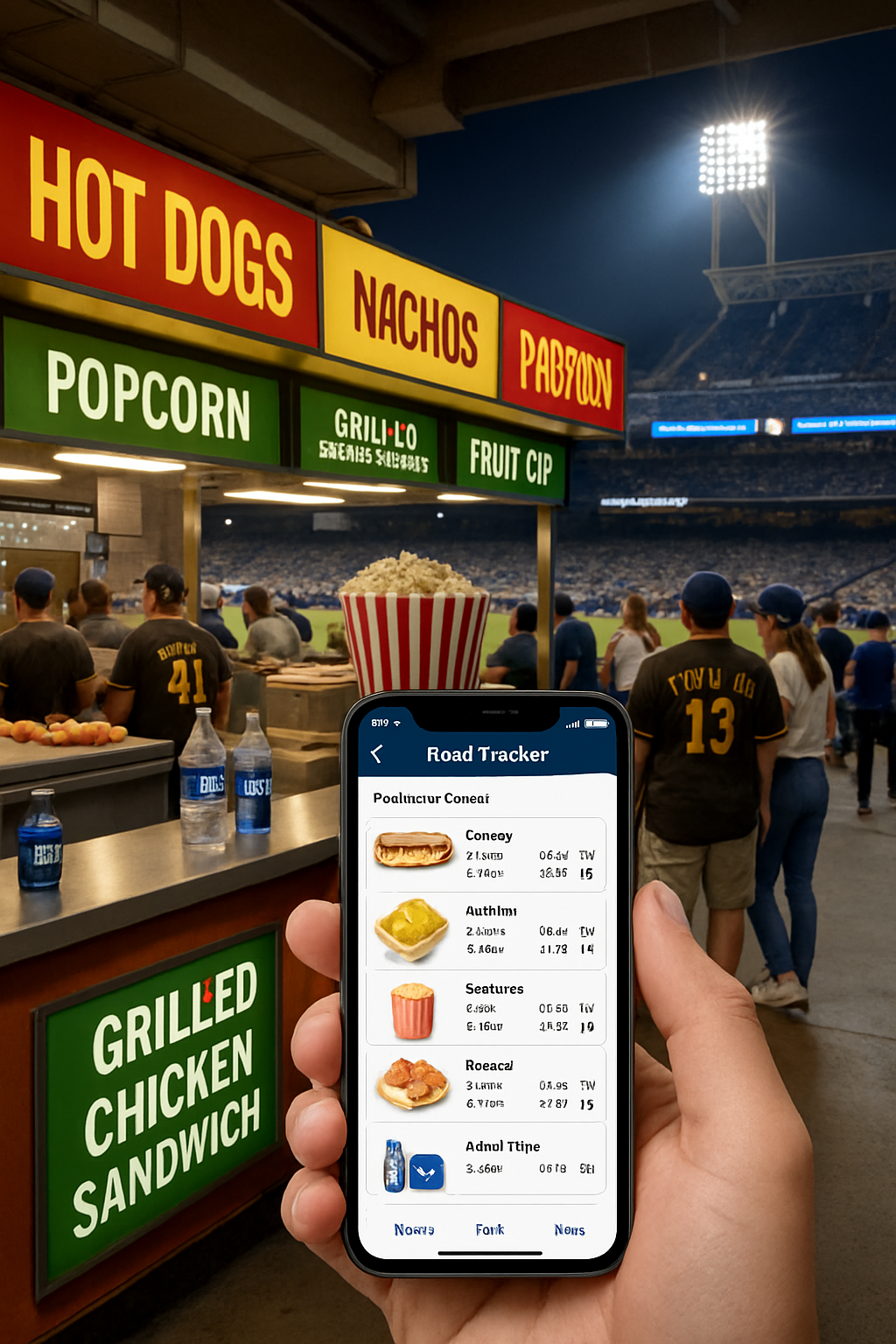 A healthy grilled chicken sandwich and water at a baseball game, illustrating a smart game day nutrition choice.