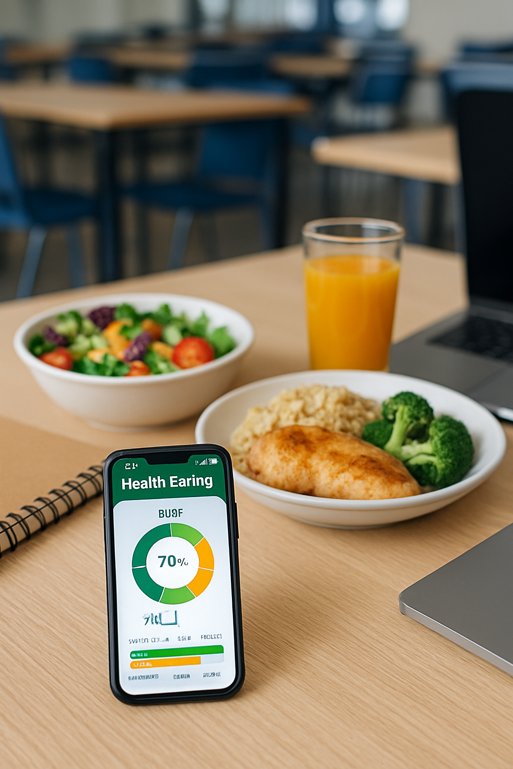 A smartphone showing the SnapEat AI app interface analyzing a healthy meal, with an out-of-focus university campus background symbolizing a busy life