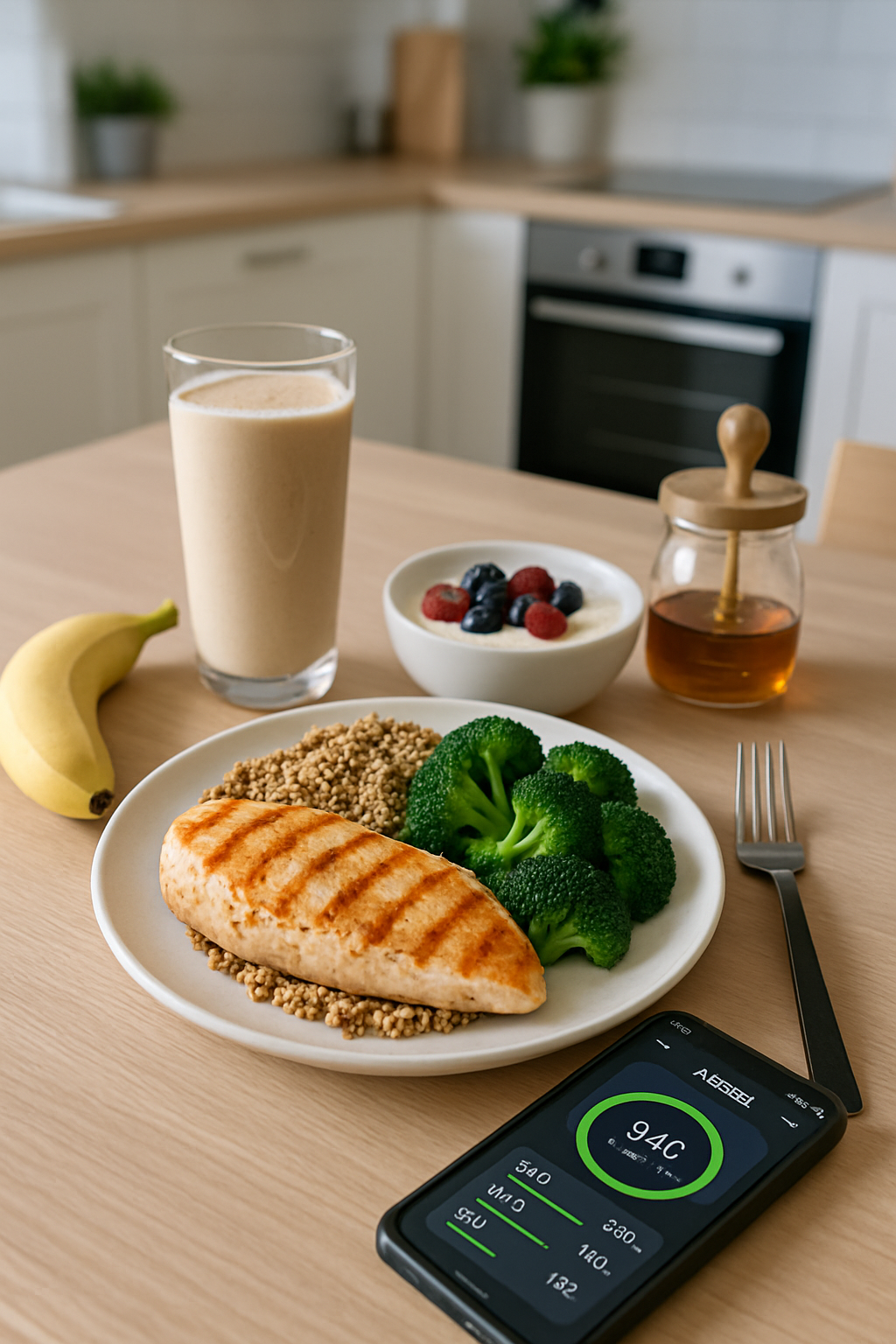 An athlete at a table using the SnapEat AI meal tracker on their phone to analyze a healthy meal of chicken and vegetables, optimizing their sports nutrition.