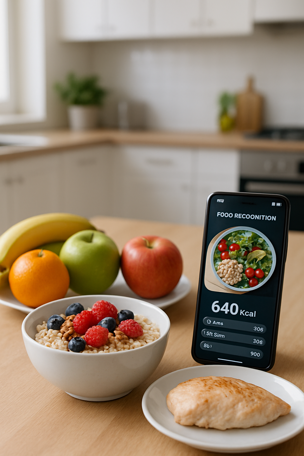A smartphone using the SnapEat AI food tracker app to analyze the nutritional content of a healthy meal by photo.