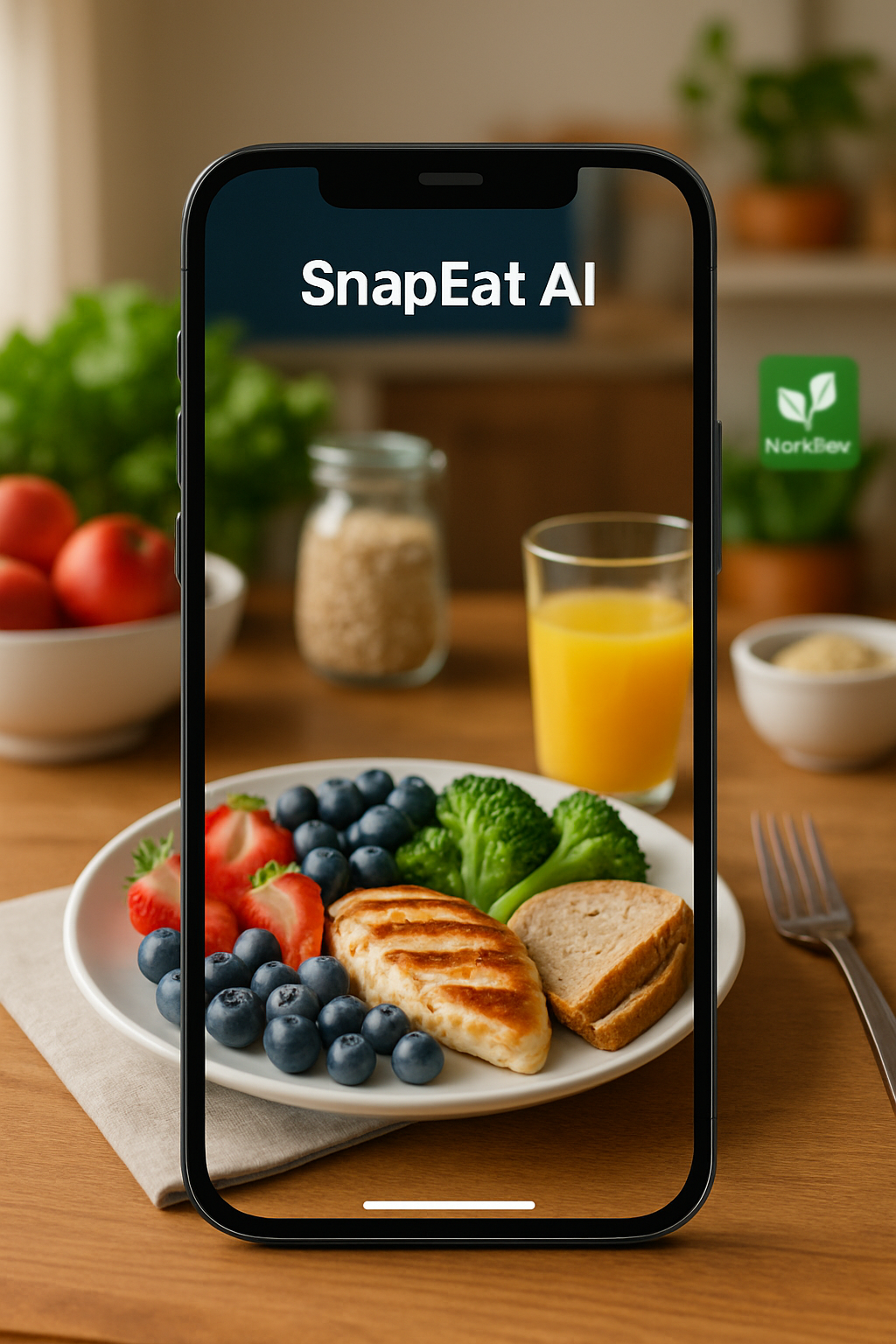Smartphone displaying the SnapEat AI food tracker app, analyzing the nutritional content of a vibrant brunch meal with eggs and avocado toast.