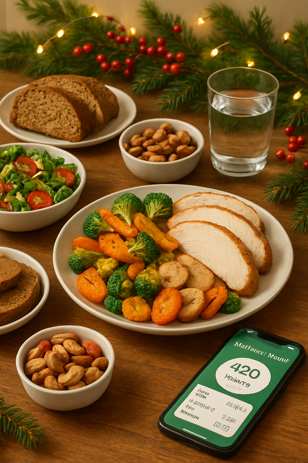 Illustration of a plate with healthy food next to a smartphone displaying the SnapEat AI food tracker app, promoting a healthier holiday.