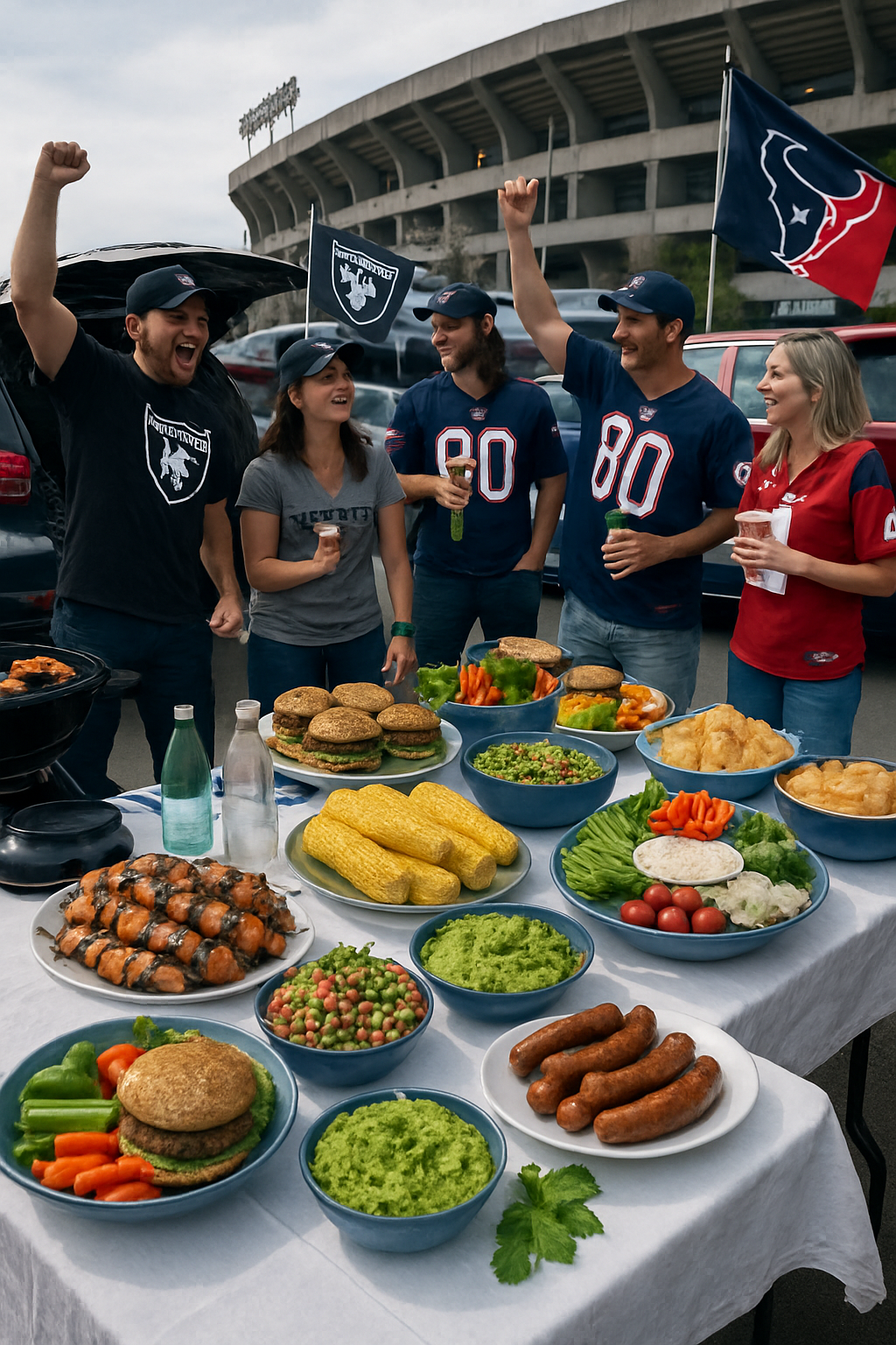 A healthy plate of tailgate food including chicken skewers and bean salad, with a phone showing the SnapEat AI app