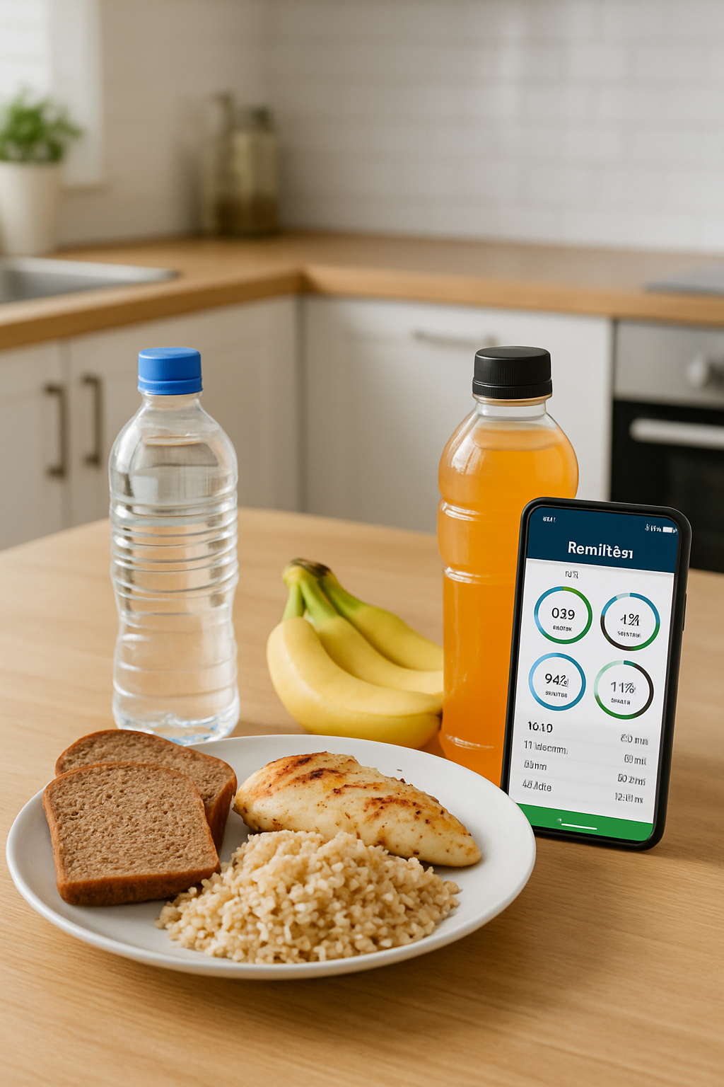 Smartphone showing the SnapEat AI nutrition tracker app recognizing a meal of chicken and vegetables.