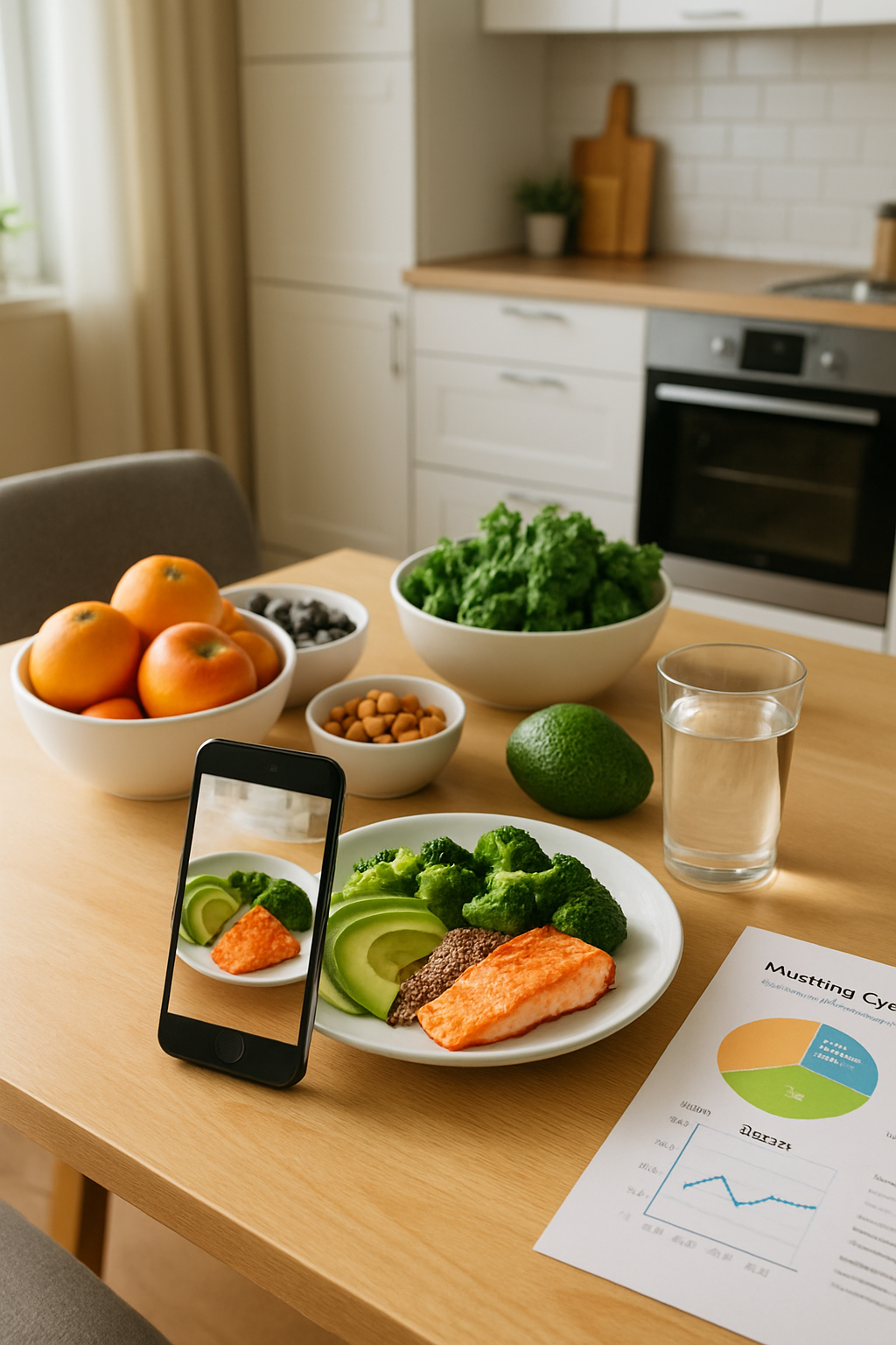 Smartphone showing the SnapEat AI smart food tracker interface analyzing a photo of a healthy meal for #PeleDourada wellness goals.