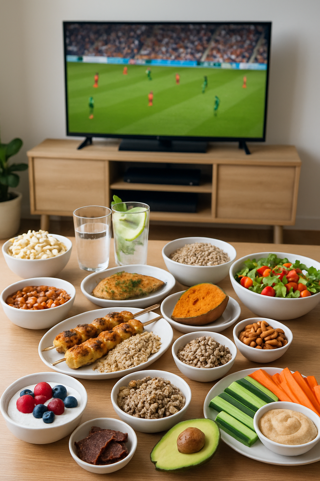 A healthy AFCON game day meal of grilled chicken and salad, with a smartphone displaying the SnapEat AI food tracking app.