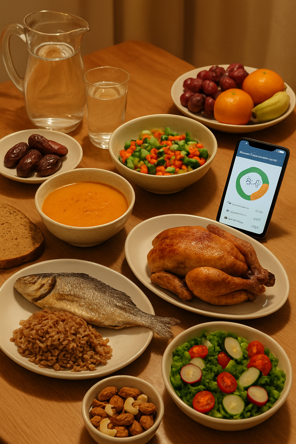A healthy Bukber meal with grilled chicken, salad, and dates, illustrating smart Ramadan nutrition.