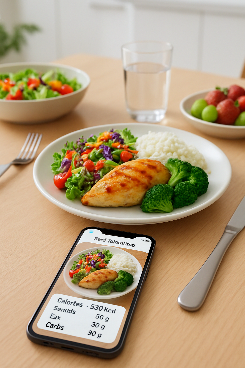 Smartphone screen showing the SnapEat AI app using its food recognition technology on a bowl of salad and fruit.