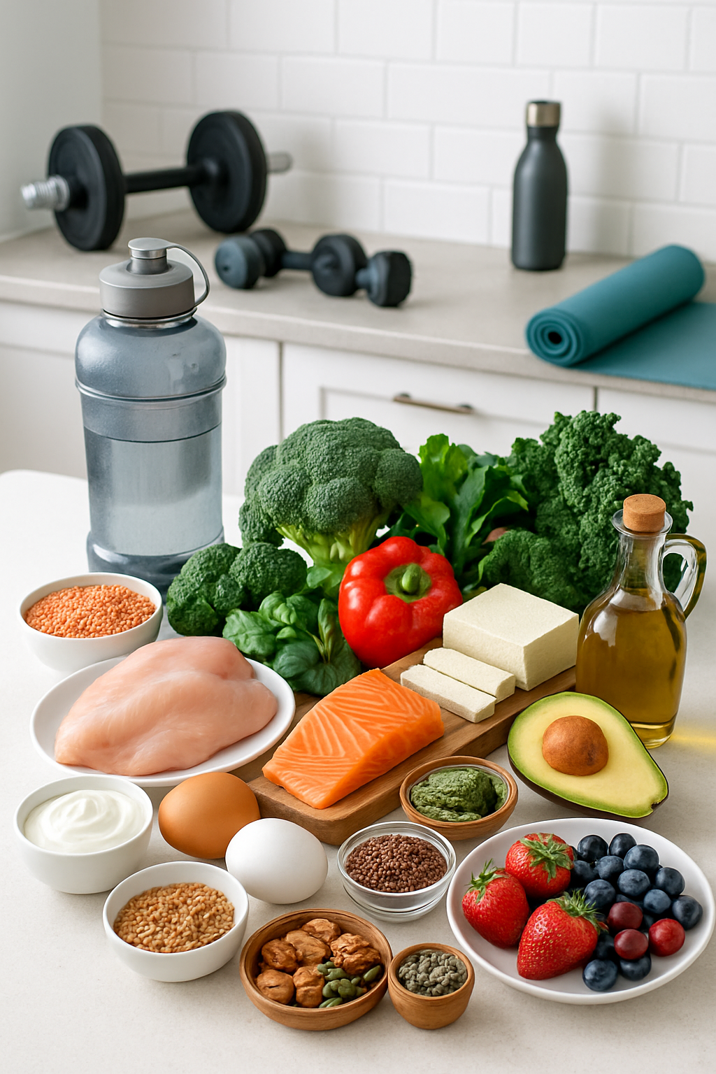 A plate of healthy food including lean protein (grilled chicken), fiber (broccoli and bell peppers), and healthy fats (avocado), illustrating a key principle for how to lose weight fast and safely.