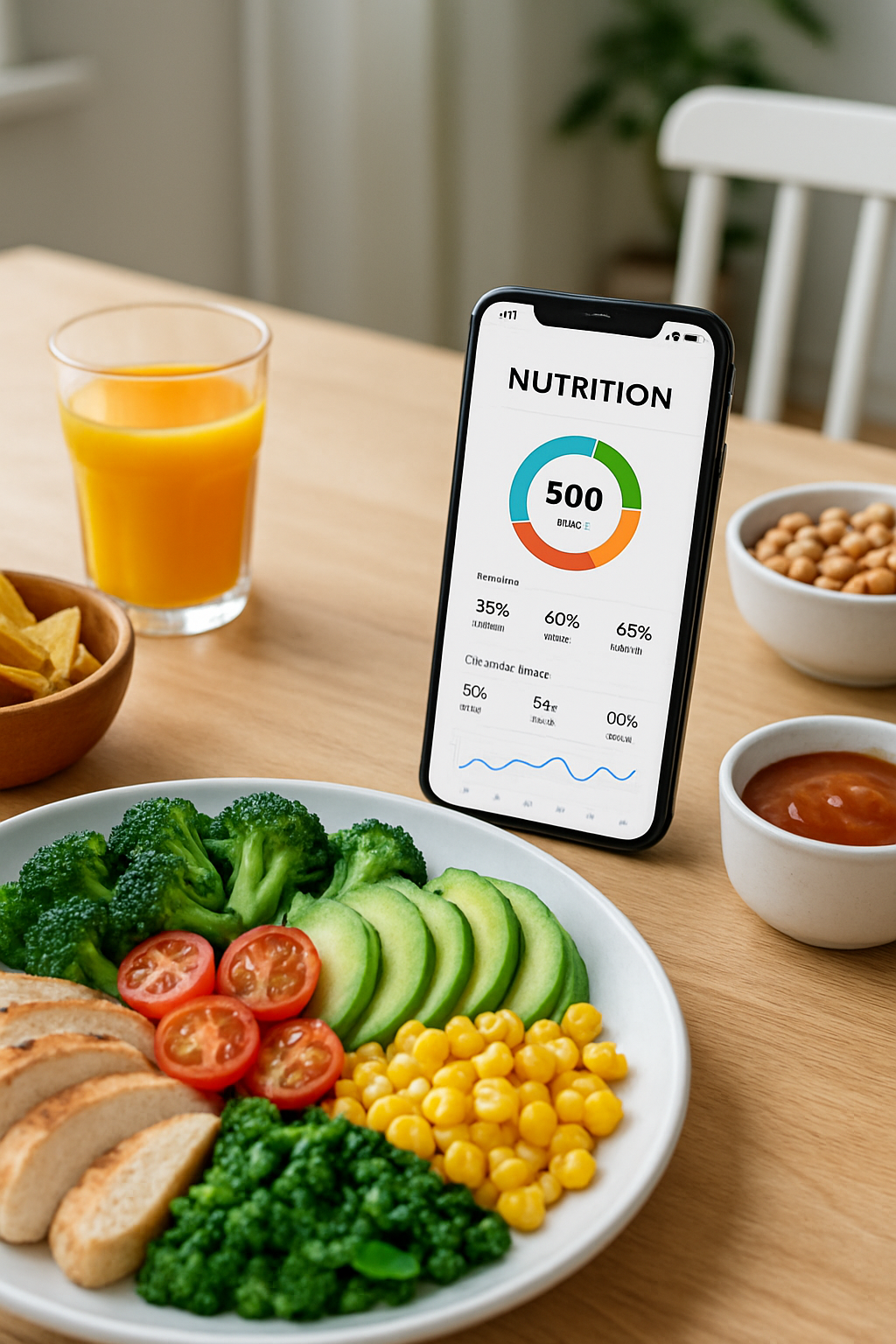 A smartphone displaying the SnapEat AI meal tracker app interface, showing a photo of a healthy meal with its nutritional information calculated.