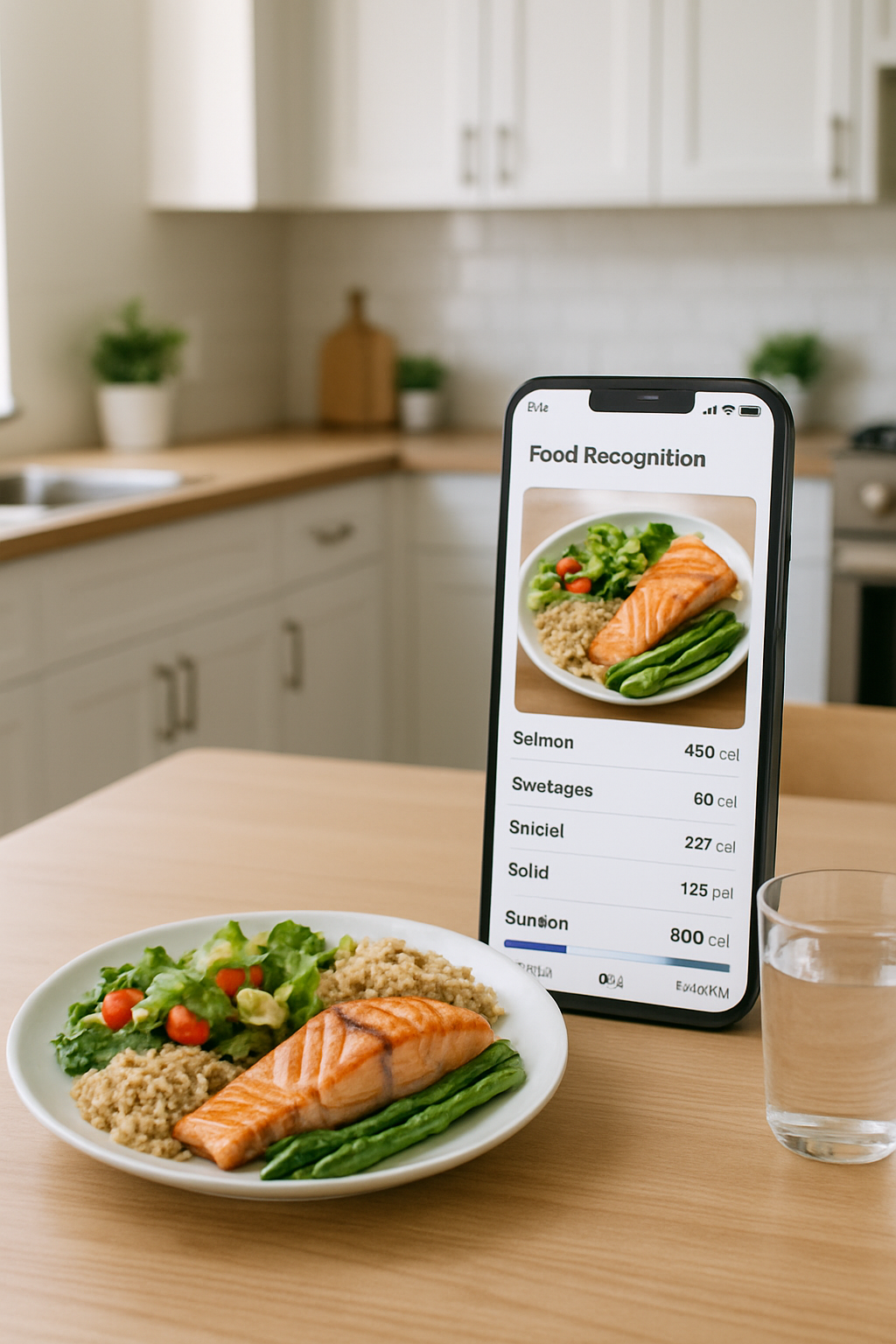 A person holding a smartphone using the SnapEat AI smart calorie tracker app to take a photo of a healthy meal on a plate.