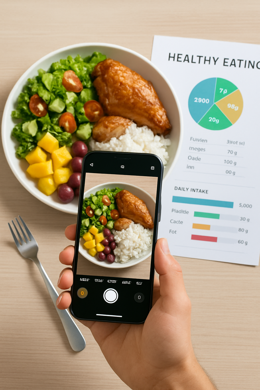A smartphone displaying the SnapEat AI meal tracker app with a photo of a healthy meal next to it.