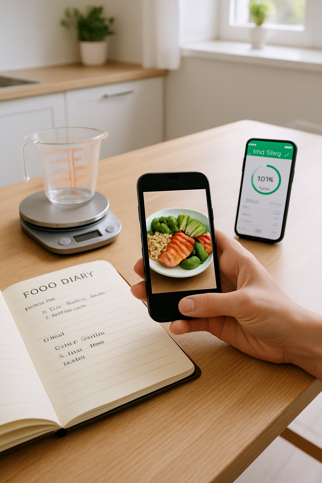 A smartphone showing the SnapEat AI nutrition tracker app analyzing a photo of a meal, contrasted with a traditional manual food diary.